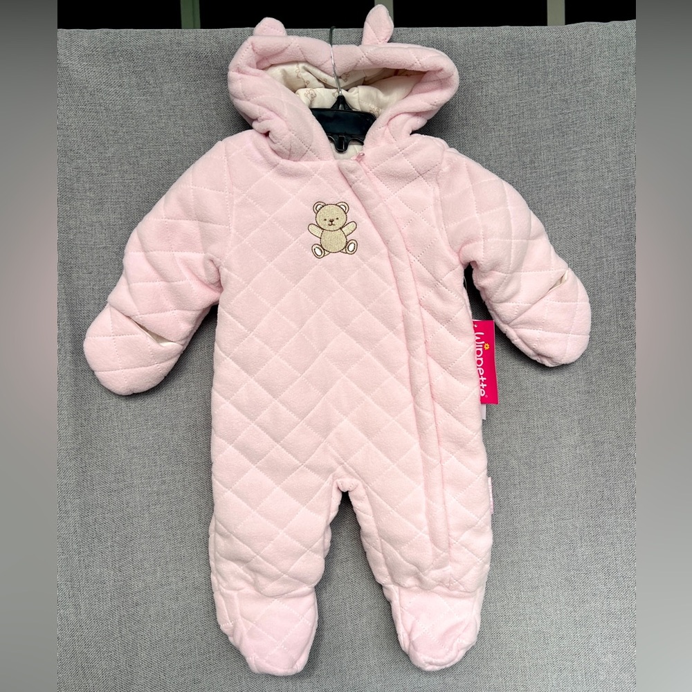 WIPPETTE Bear Hooded Quilt Fleece Coverall  size 0-3 month newborn pink